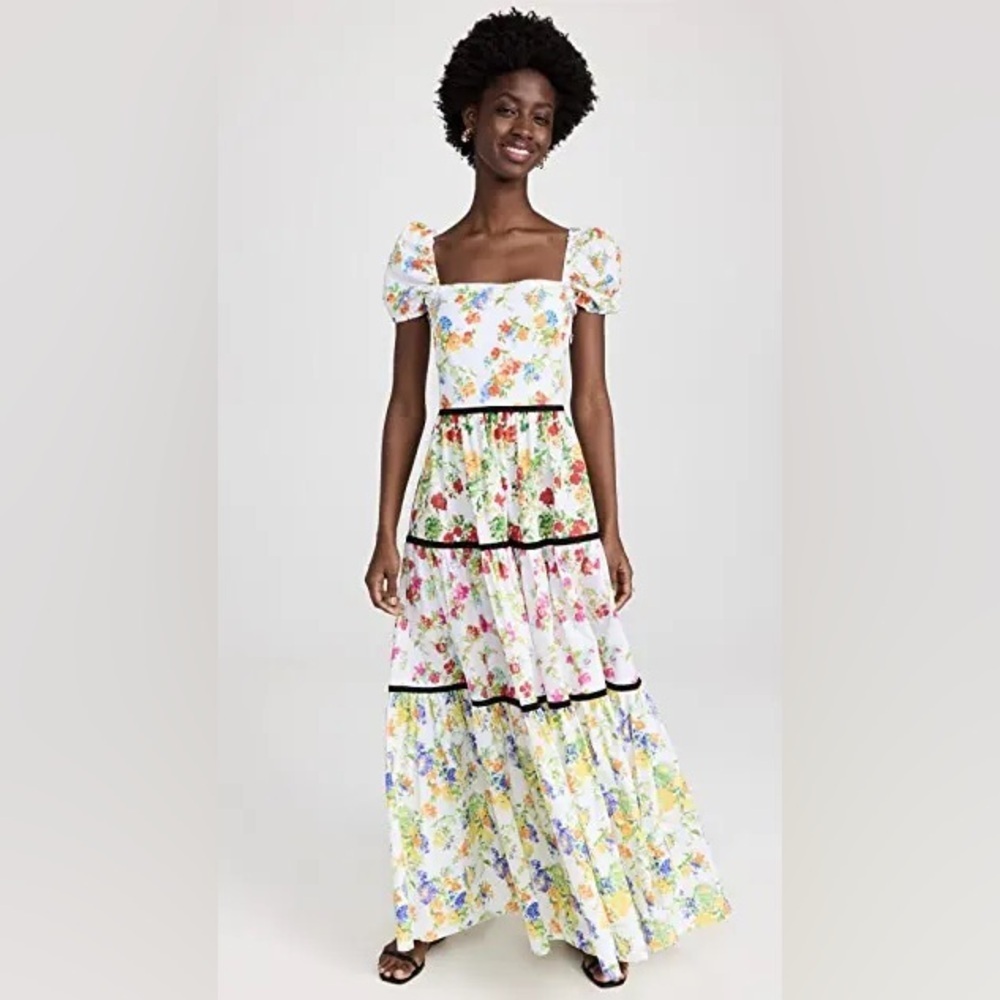 NEW Caroline Constas Hart Floral Puff Sleeve Maxi Dress Tiered Colorful XL NWT
